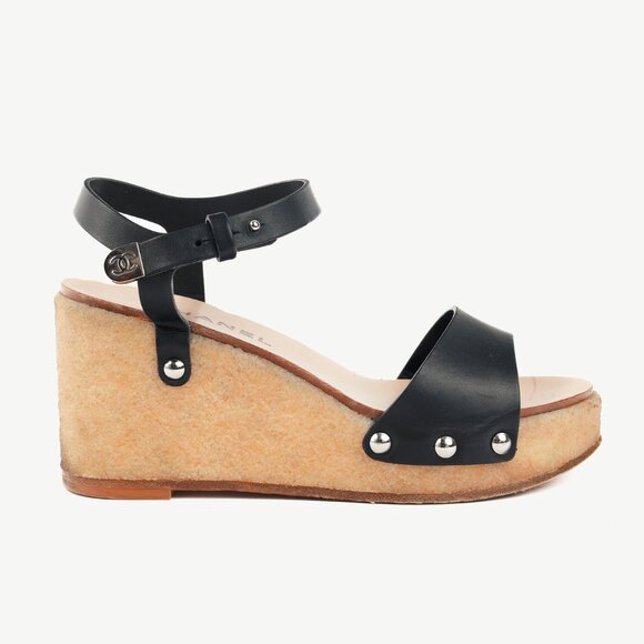 Chanel Black Leather Platform Wedge Sandals - Picture 1 of 9